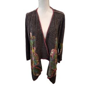 Floral Gray Wrap Cardigan Sweater L  Boho Watercolor Abstract Open Front